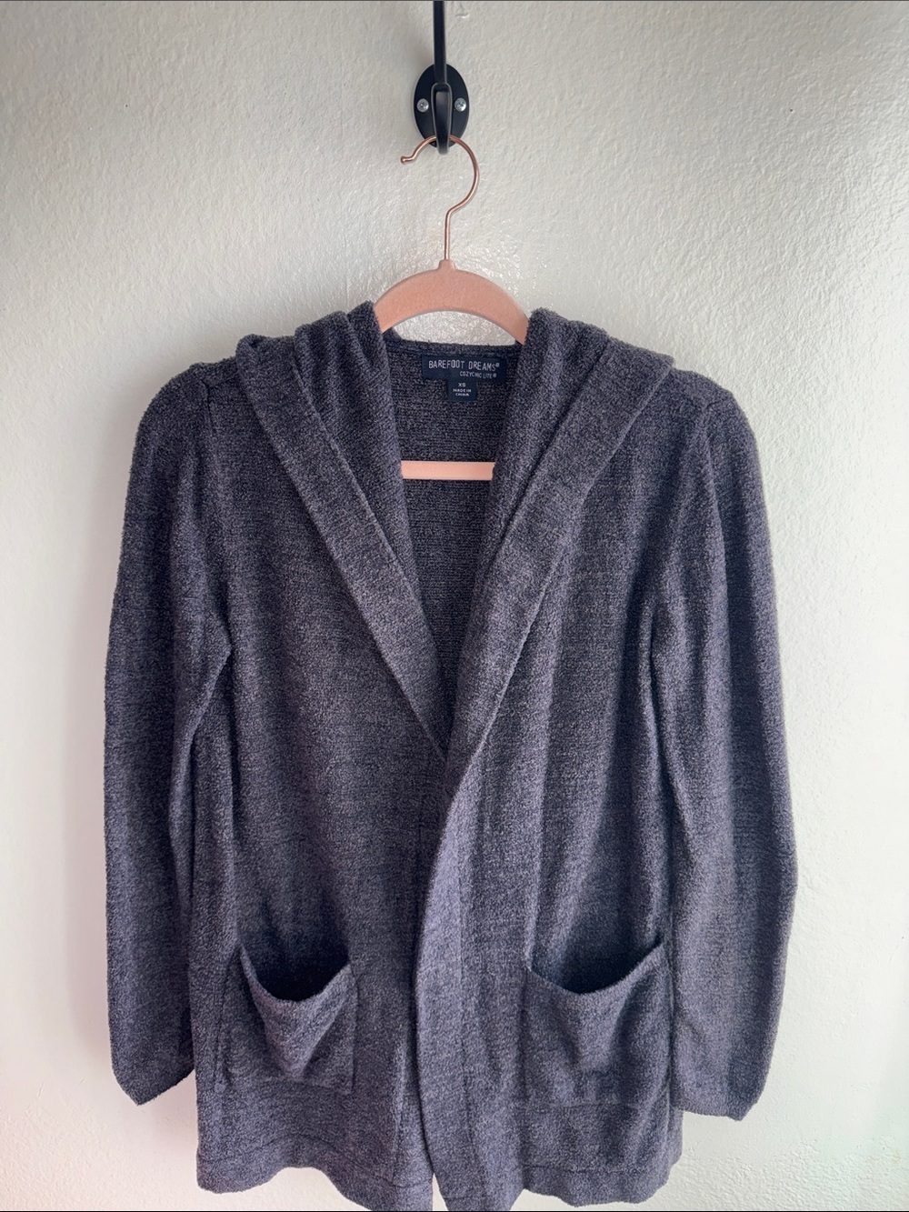 BAREFOOT DREAMS CozyChic Ultra Lite Hooded Cardigan Blue Grey XS Open Front Robe